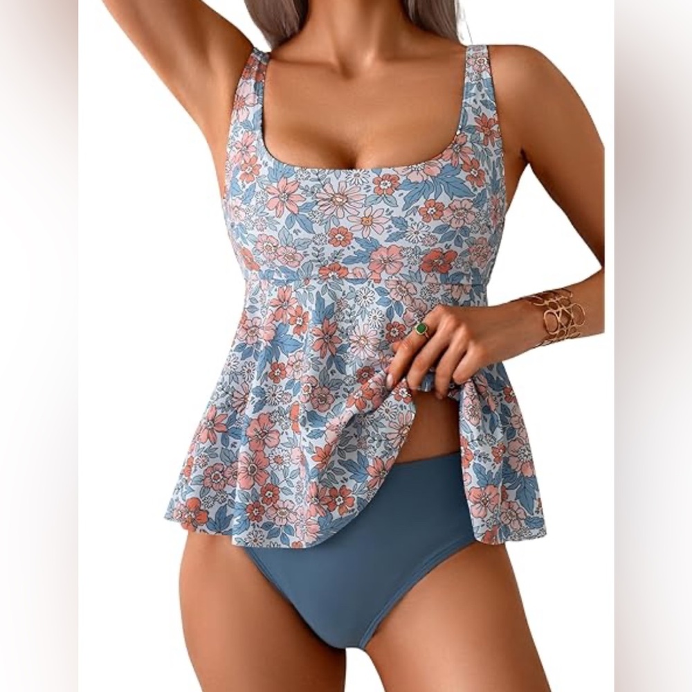 Floral Blue and Pink Women's Swimwear, plus size, 2xl